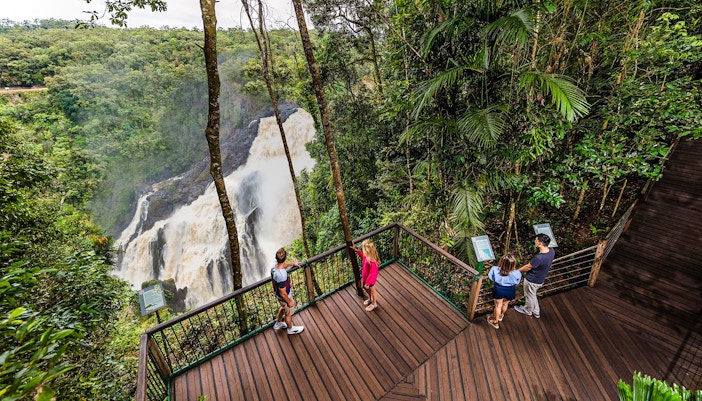 Visitors at Barron Falls lookout near Skyrail station, surrounded by lush rainforest.