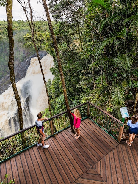 Visitors at Barron Falls lookout near Skyrail station, surrounded by lush rainforest.