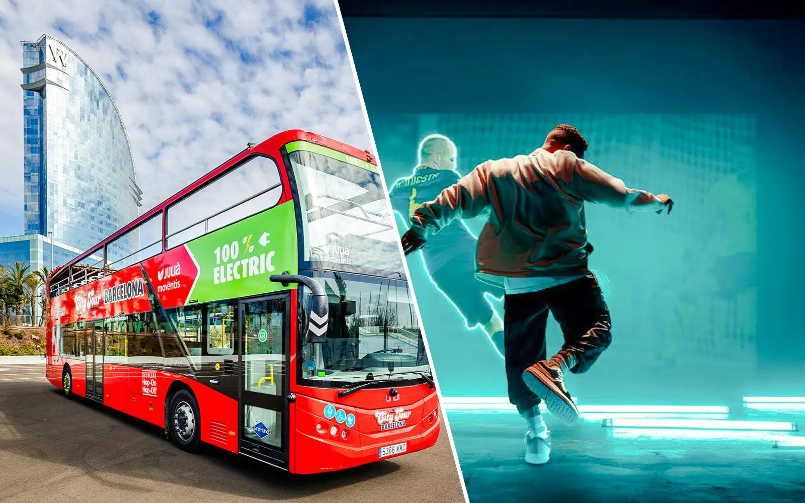 Barcelona hop-on hop-off bus near W Hotel and Iniesta Experience exhibit.