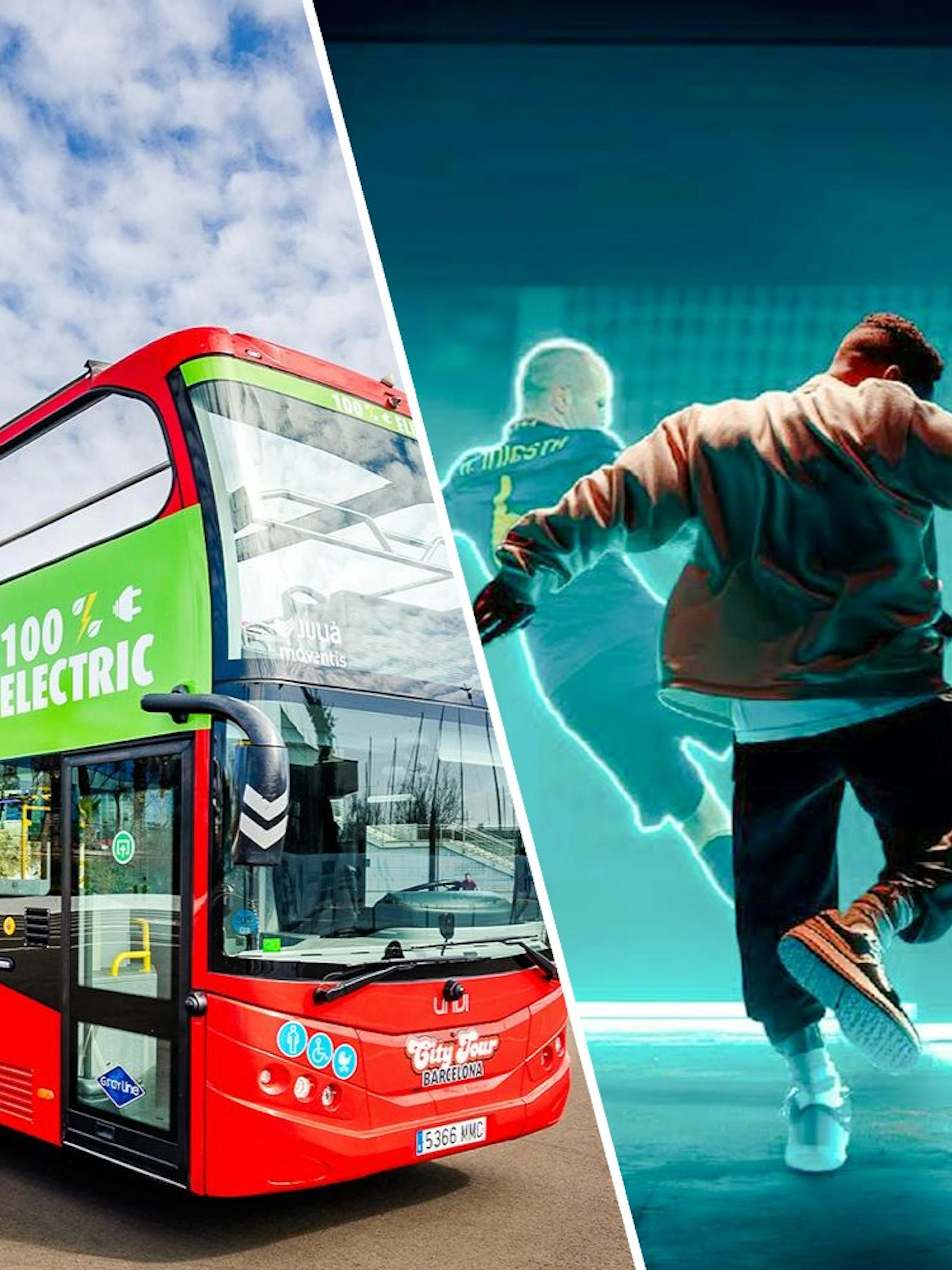 Barcelona hop-on hop-off bus near W Hotel and Iniesta Experience exhibit.