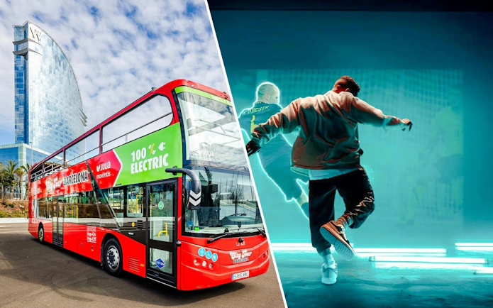 Barcelona hop-on hop-off bus near W Hotel and Iniesta Experience exhibit.
