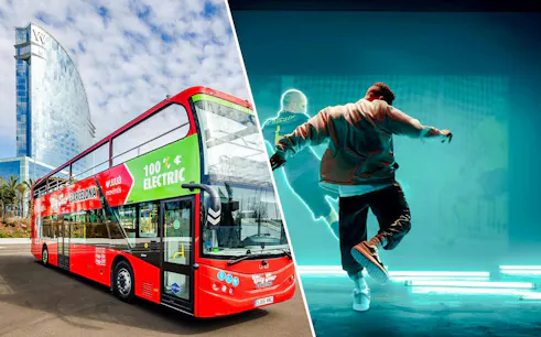 Barcelona hop-on hop-off bus near W Hotel and Iniesta Experience exhibit.