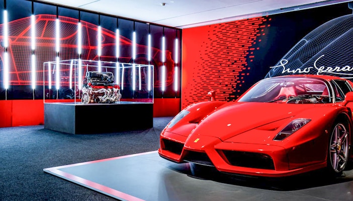 Ferrari Enzo and engine display at Ferrari Museum, Italy.