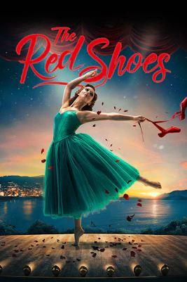 Ballet dancer performing on stage with red shoes in hand, overlooking a scenic lake at sunset.