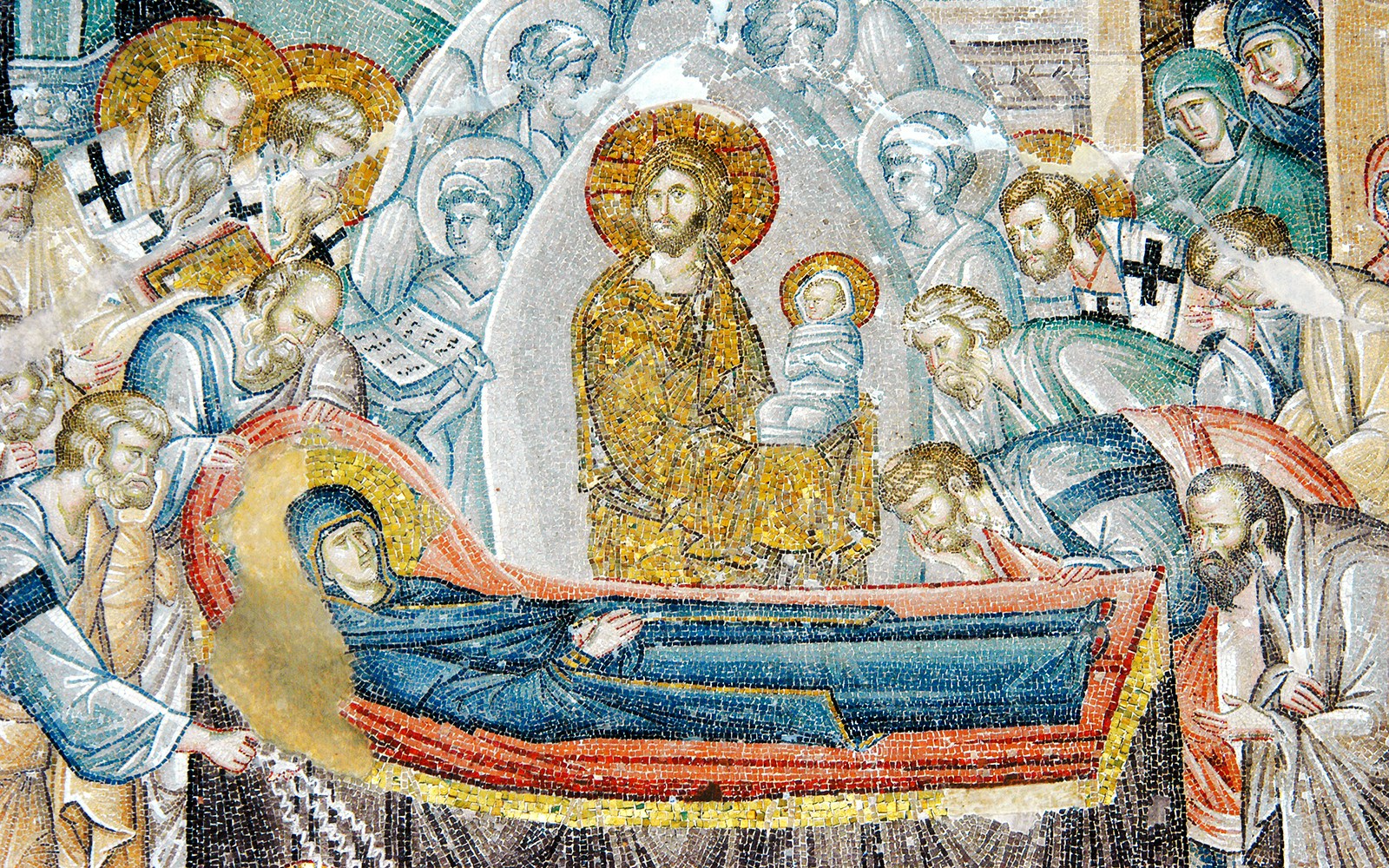 Mosaic depicting the death scene of Virgin Mary in Kariye Mosque, Istanbul.