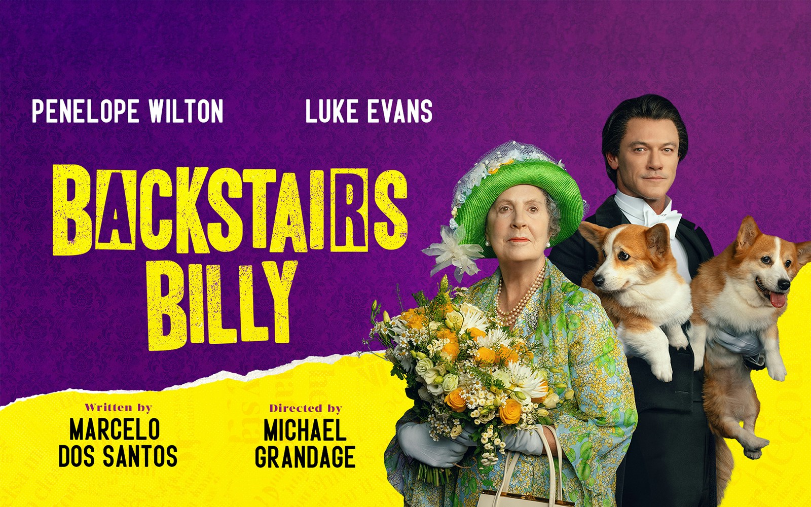 Backstairs Billy play poster with actors in period costumes and corgis