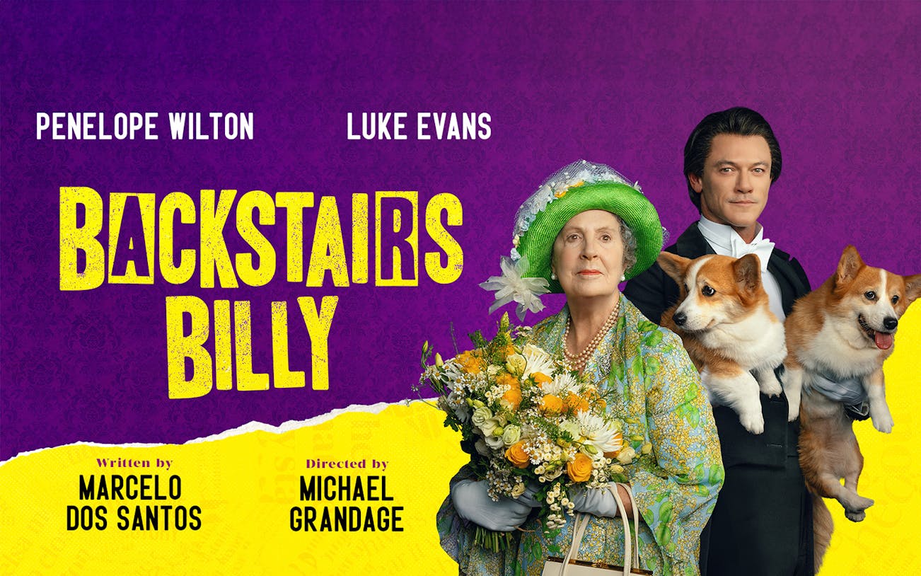 Backstairs Billy play poster with actors in period costumes and corgis