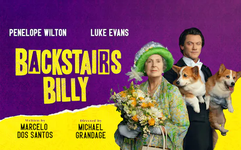 Backstairs Billy play poster with actors in period costumes and corgis