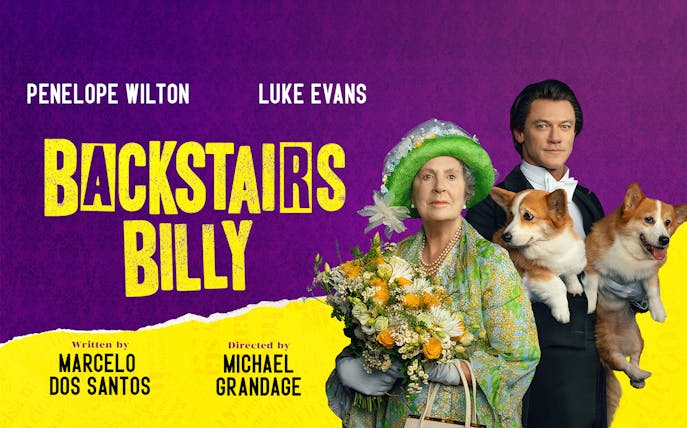 Backstairs Billy play poster with actors in period costumes and corgis