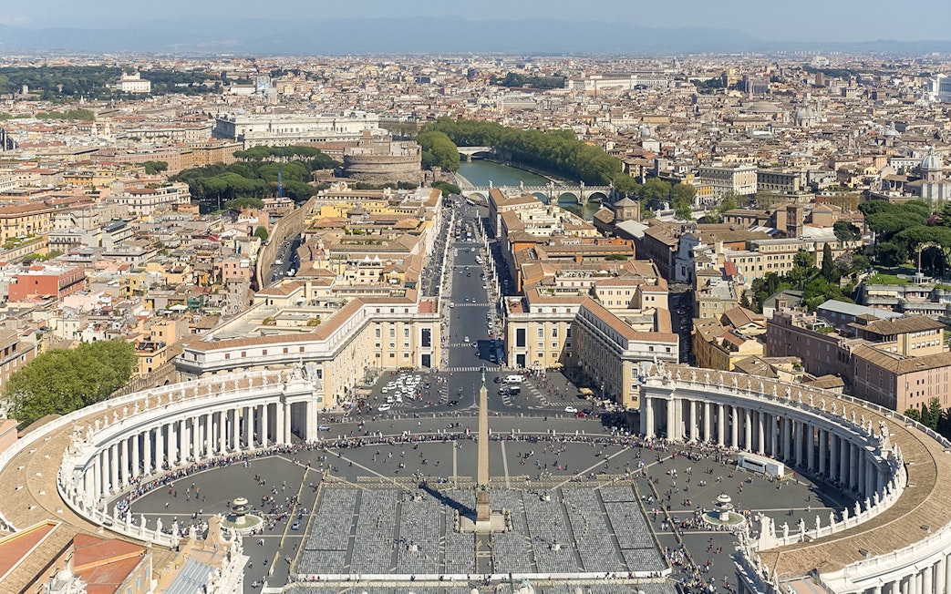 Aerial view of St. Peter's Square and Basilica in Vatican City, Rome.