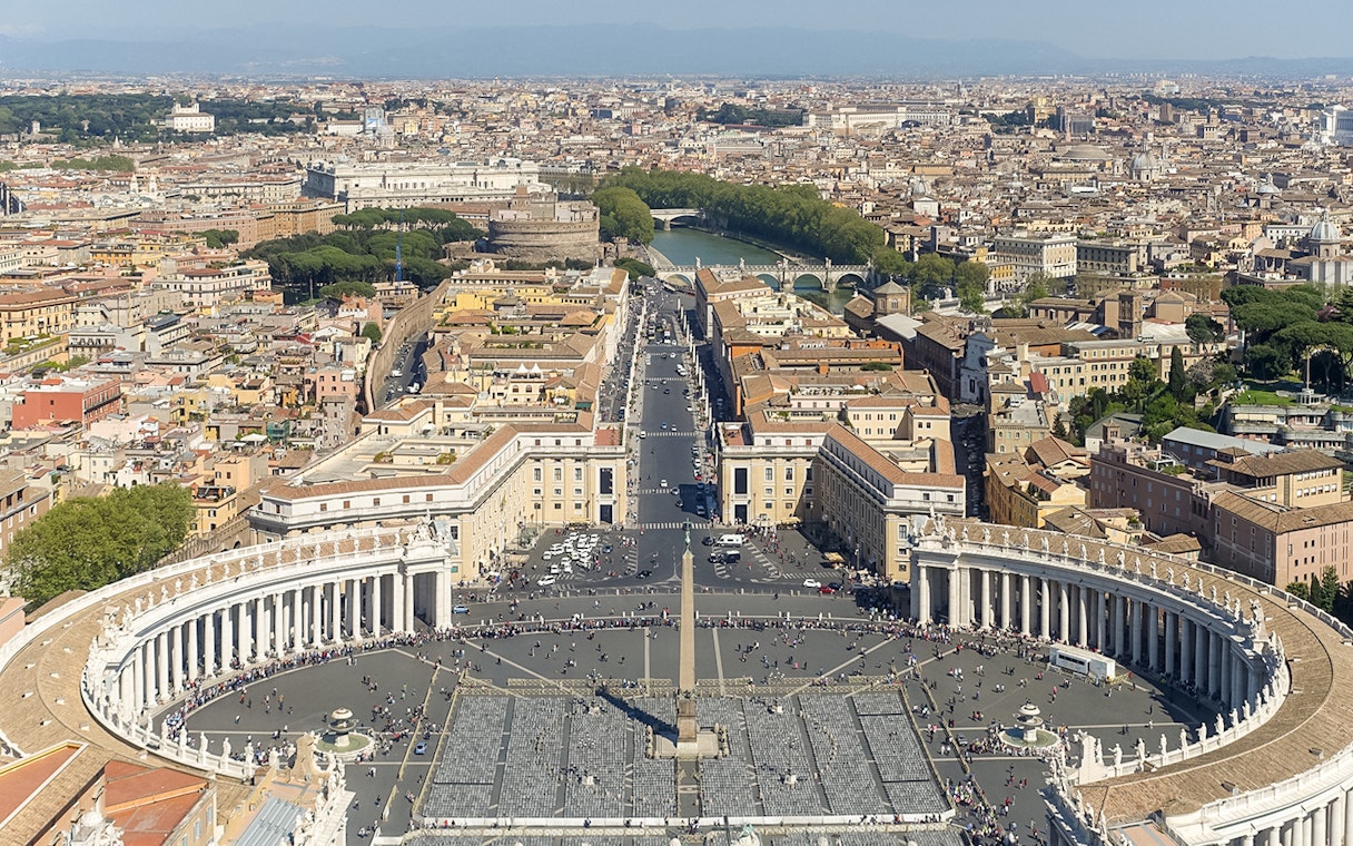 Aerial view of St. Peter's Square and Basilica in Vatican City, Rome.