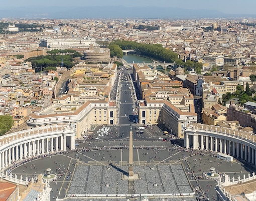 Aerial view of St. Peter's Square and Basilica in Vatican City, Rome.