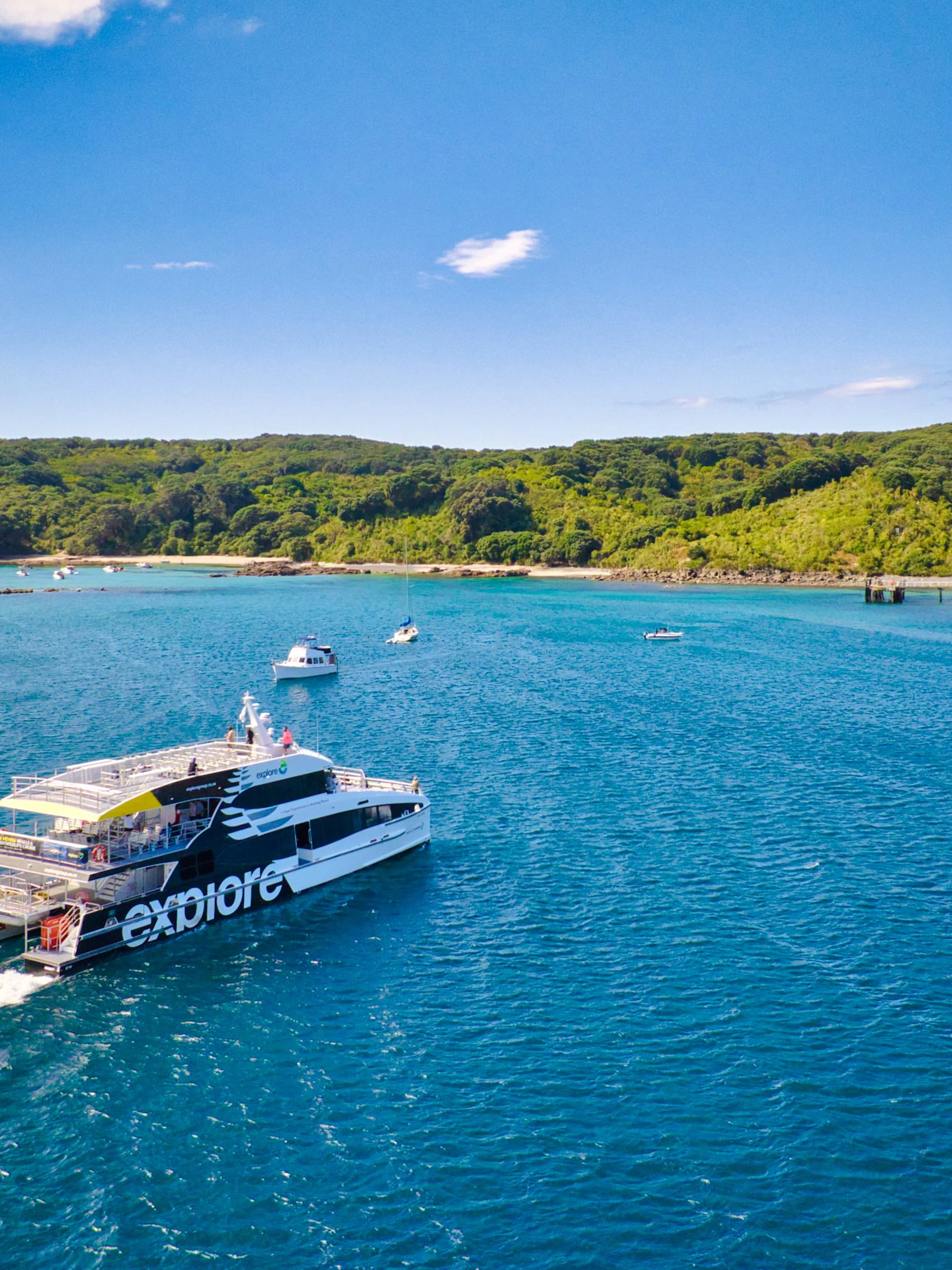 Ferry approaching Tiritiri Matangi Island from Auckland across blue waters.