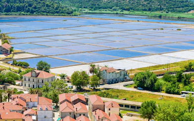 Ston salt pans with surrounding buildings in Croatia.