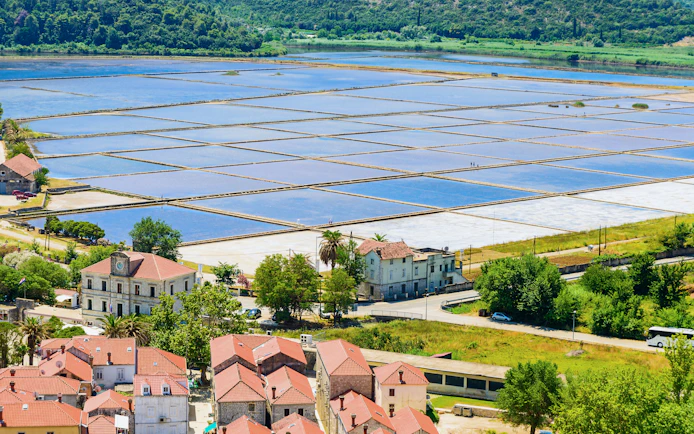 Ston salt pans with surrounding buildings in Croatia.