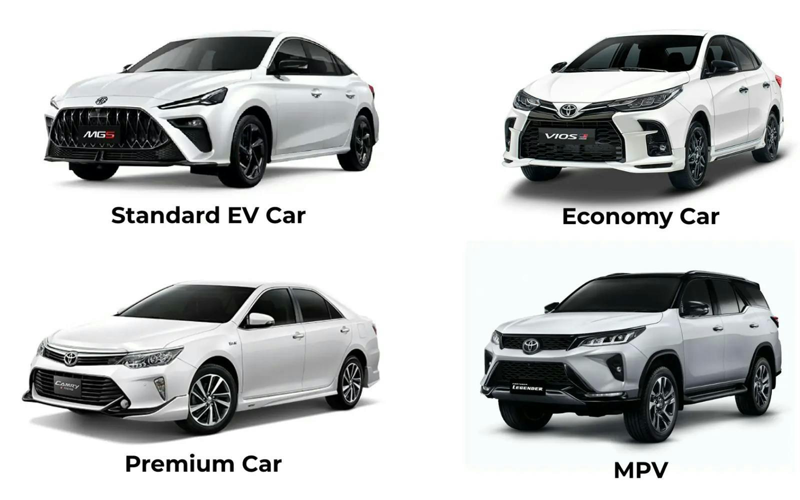 Standard EV, economy, premium, and MPV cars for Bangkok airport transfer.