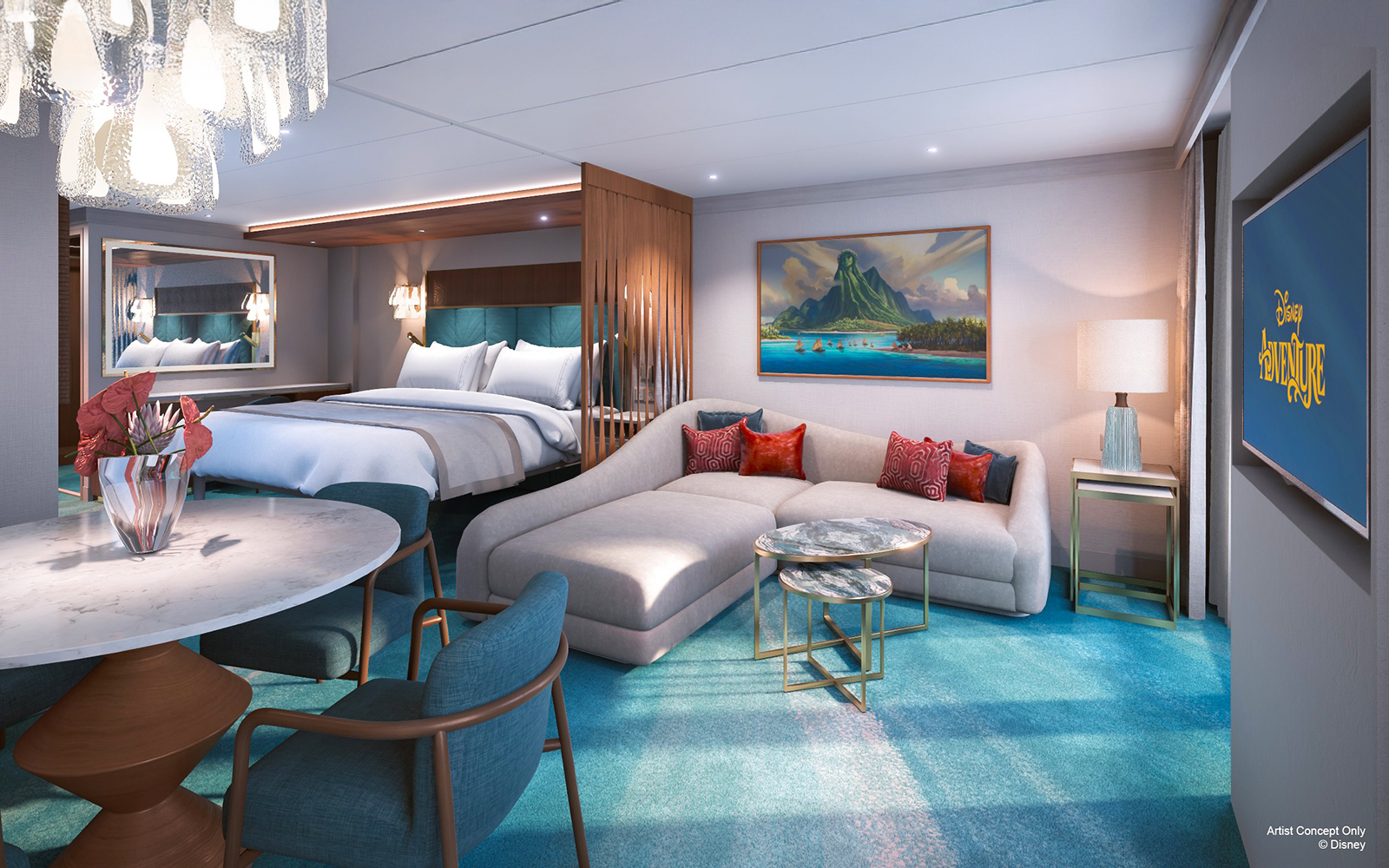 Concierge Family Stateroom with oceanview verandah, Disney Adventure Cruise interior.
