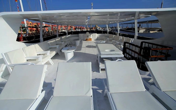 Yacht deck with lounge chairs, Orange Bay Island, Hurghada.