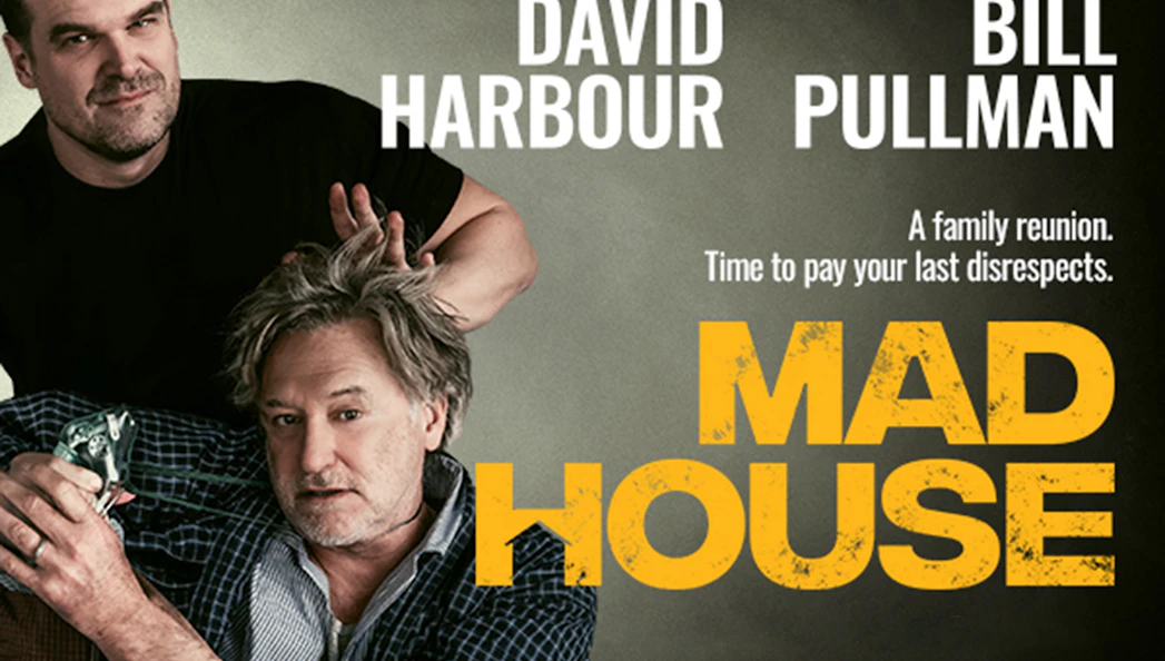 Mad House play poster with two men, one holding a figurine, text reads 'A family reunion.'