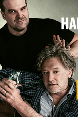 Mad House play poster with two men, one holding a figurine, text reads 'A family reunion.'
