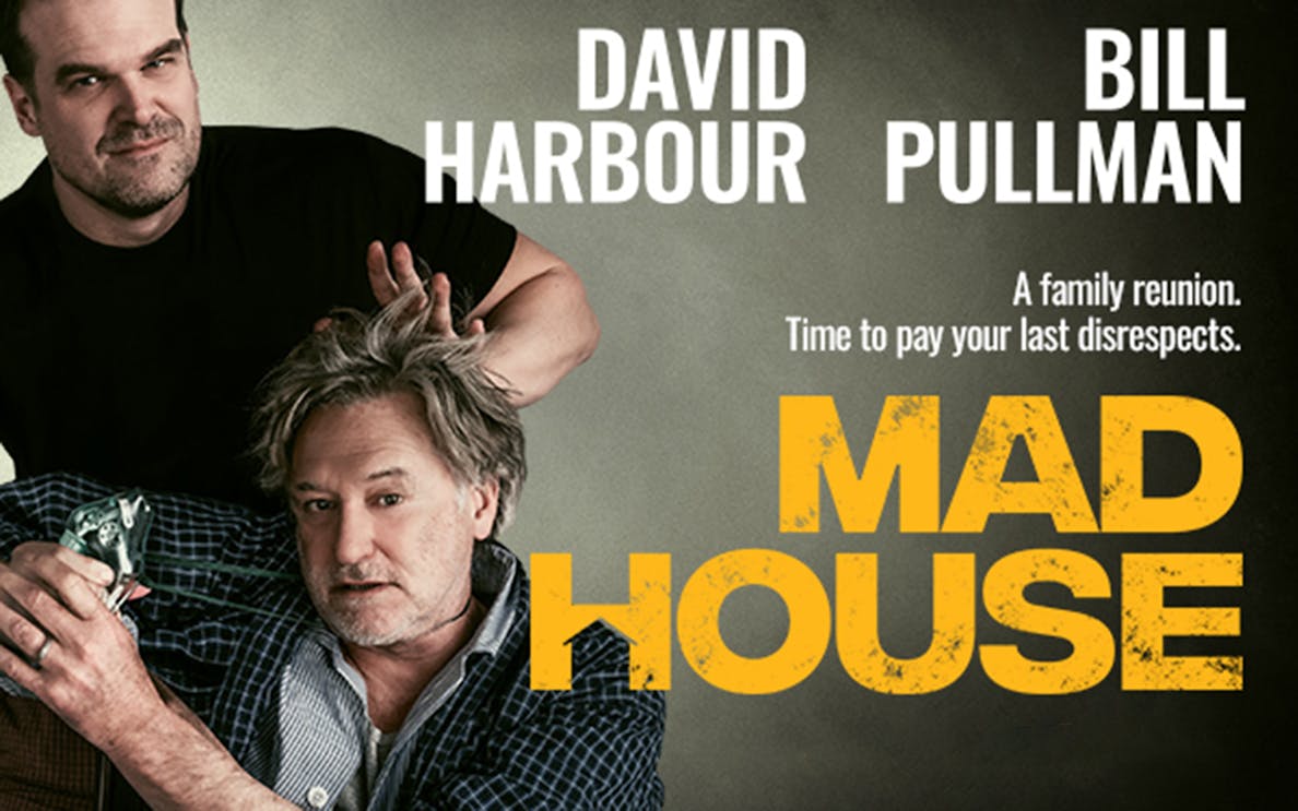Mad House play poster with two men, one holding a figurine, text reads 'A family reunion.'
