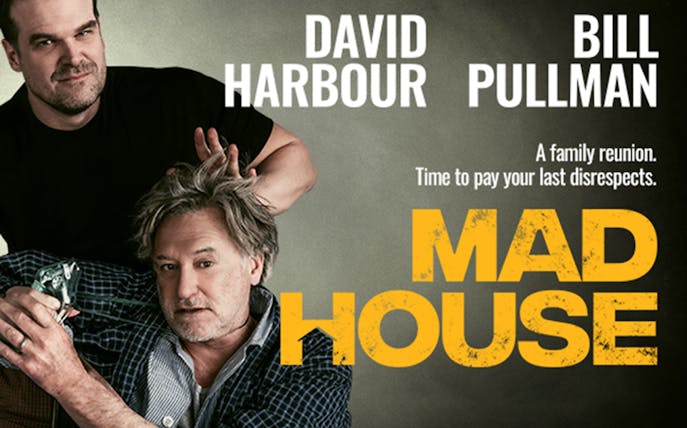 Mad House play poster with two men, one holding a figurine, text reads 'A family reunion.'