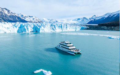 Cruise ship near Spegazzini and Uppsala glaciers in Argentina.