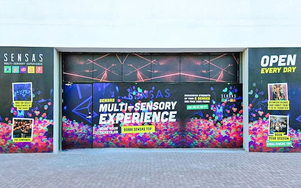 SENSAS multi-sensory experience entrance with colorful graphics in Dubai.