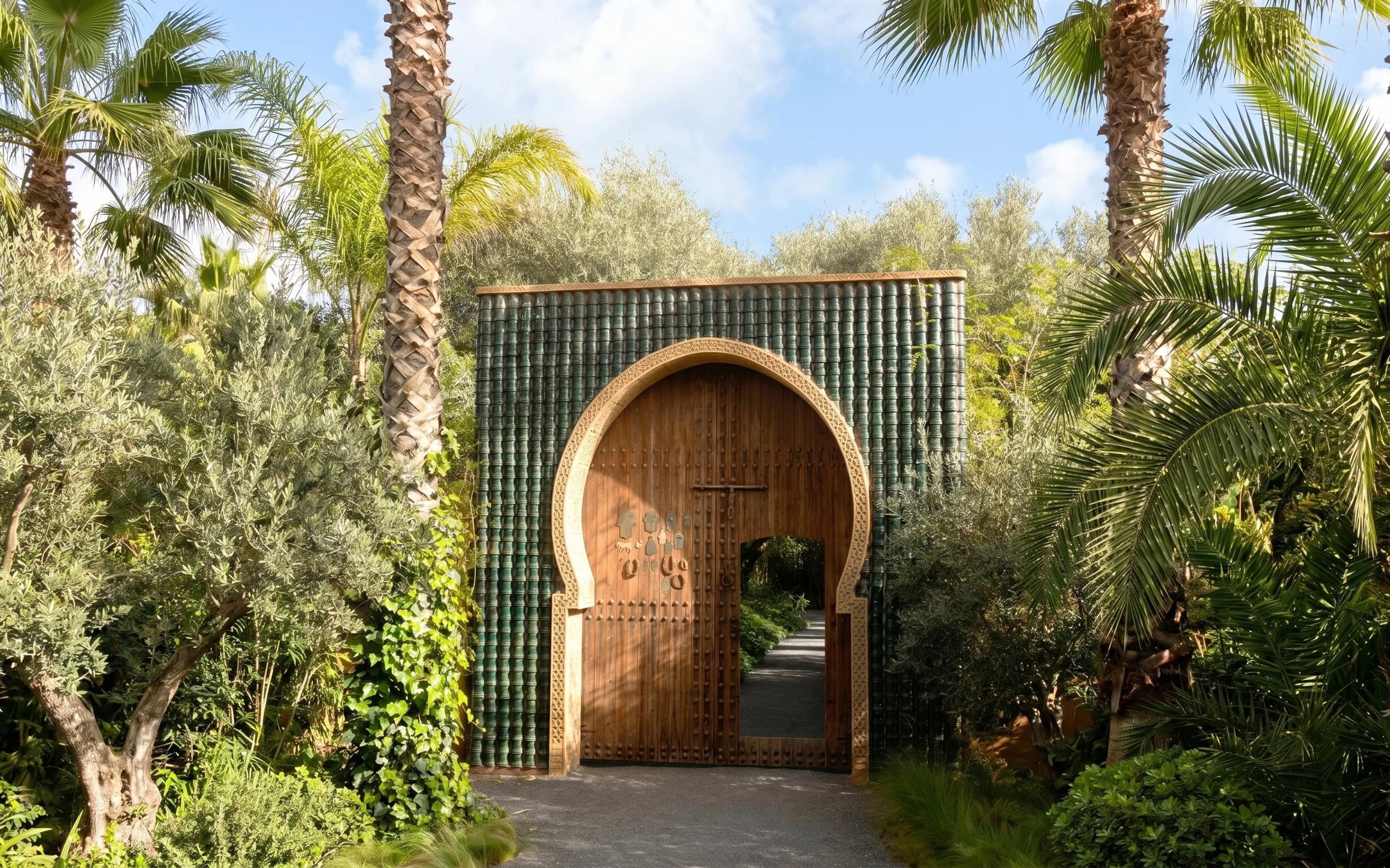 Gate at Anima Garden surrounded by lush greenery and palm trees.