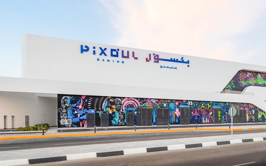 Pixoul Gaming entrance with colorful mural in Abu Dhabi.