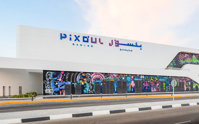 Pixoul Gaming entrance with colorful mural in Abu Dhabi.