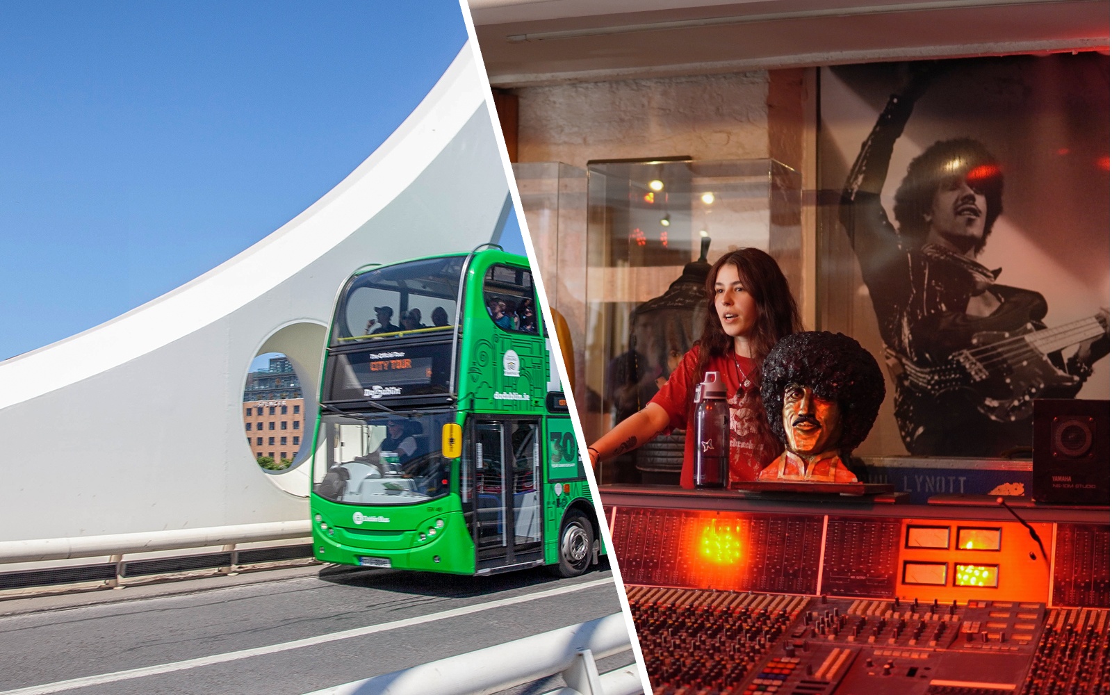 Dublin hop-on hop-off bus near bridge and Irish Rock N Roll Museum interior with guide.
