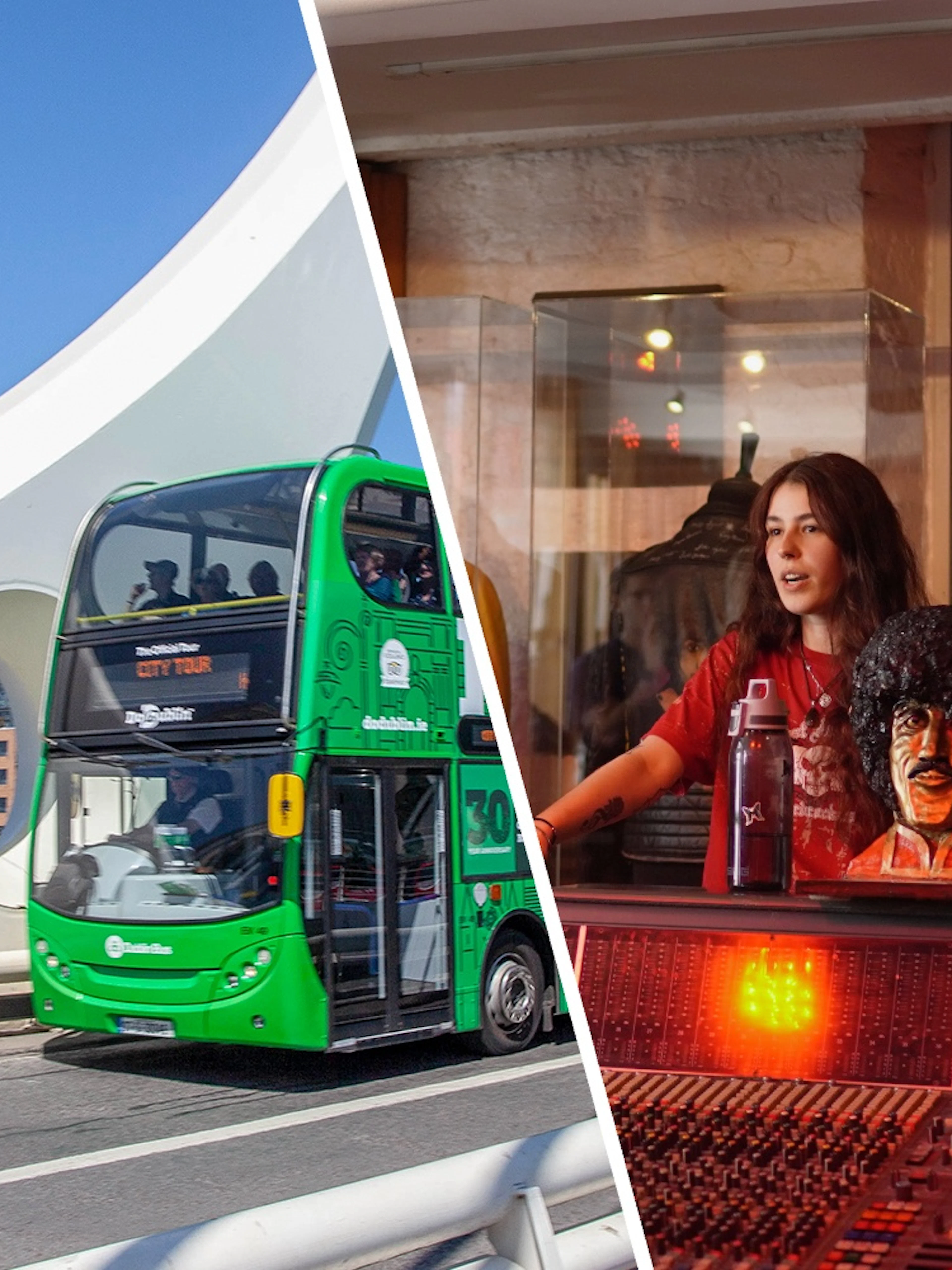 Dublin hop-on hop-off bus near bridge and Irish Rock N Roll Museum interior with guide.