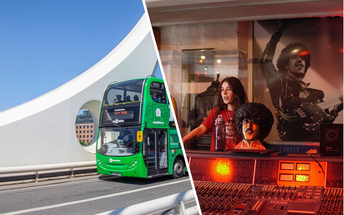 Dublin hop-on hop-off bus near bridge and Irish Rock N Roll Museum interior with guide.