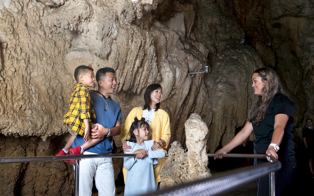 Family exploring Waitomo Caves with a guide, part of the Auckland Hobbiton Movie Set tour.