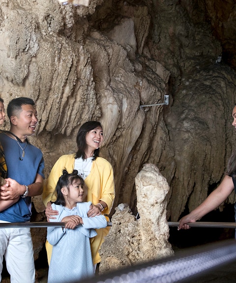 Family exploring Waitomo Caves with a guide, part of the Auckland Hobbiton Movie Set tour.