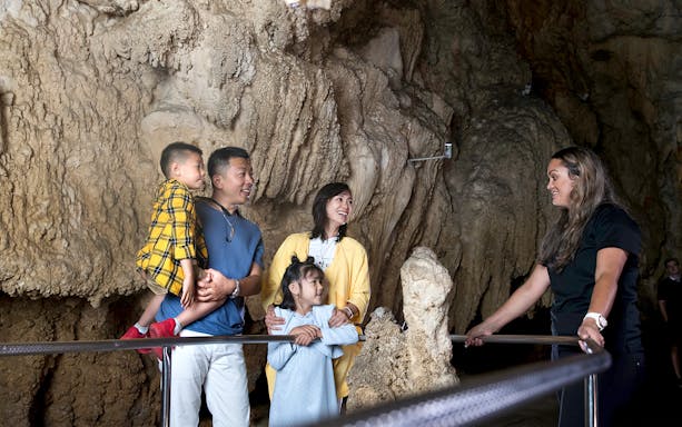 Family exploring Waitomo Caves with a guide, part of the Auckland Hobbiton Movie Set tour.