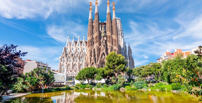 Sagrada Familia in Barcelona with intricate spires and detailed facade.