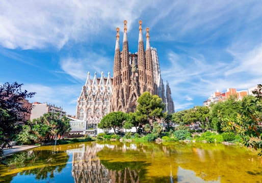 Sagrada Familia in Barcelona with intricate spires and detailed facade.