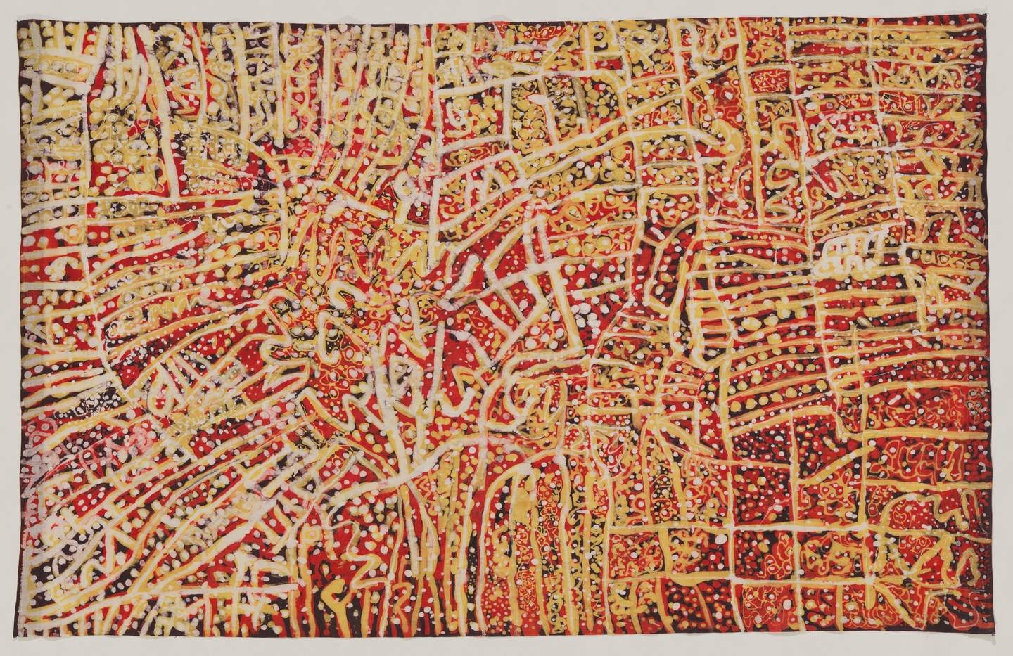 Abstract painting by Emily Kame Kngwarreye at Tate Modern, featuring intricate patterns and vibrant colors.