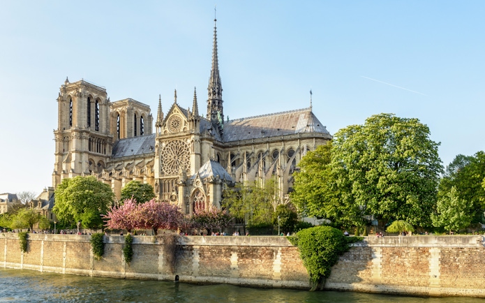 Notre Dame Cathedral exterior with trees along the Seine River in Paris.