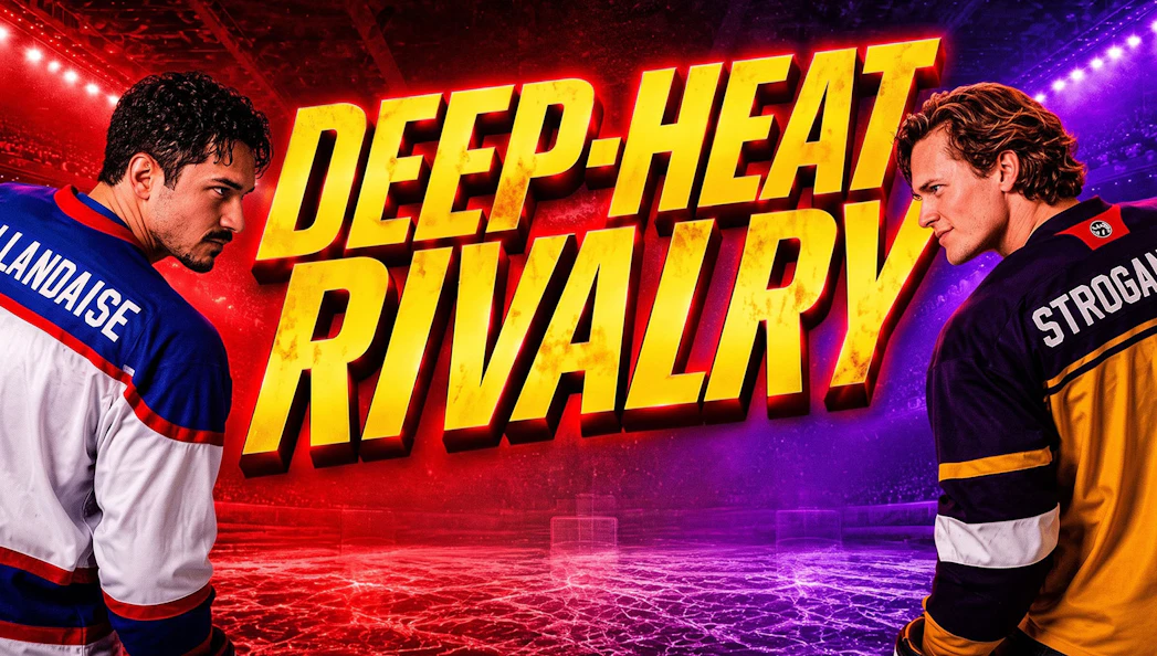 Hockey players facing off with "Deep-Heat Rivalry" text, Westend show promotion.