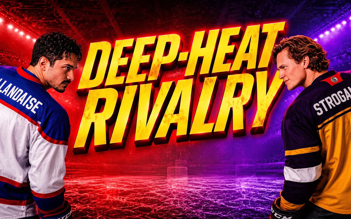 Hockey players facing off with "Deep-Heat Rivalry" text, Westend show promotion.