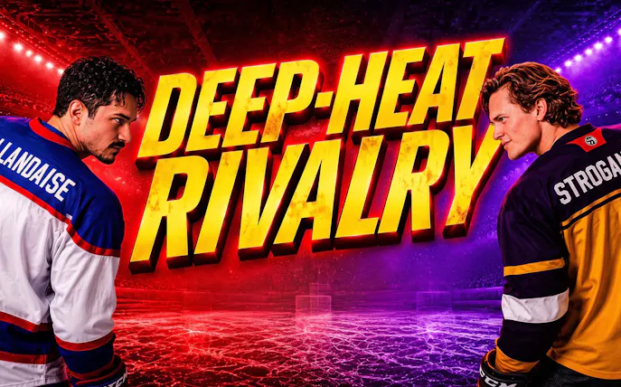 Hockey players facing off with "Deep-Heat Rivalry" text, Westend show promotion.