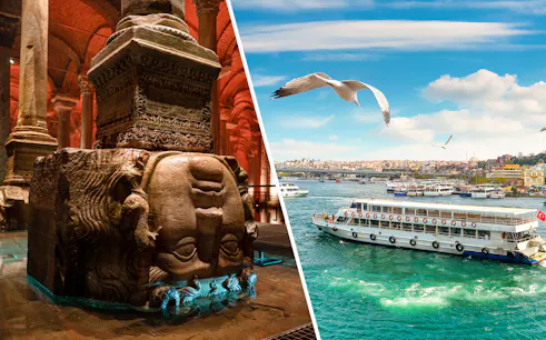 Basilica Cistern Medusa head column and Bosphorus cruise ship in Istanbul.