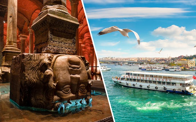 Basilica Cistern Medusa head column and Bosphorus cruise ship in Istanbul.