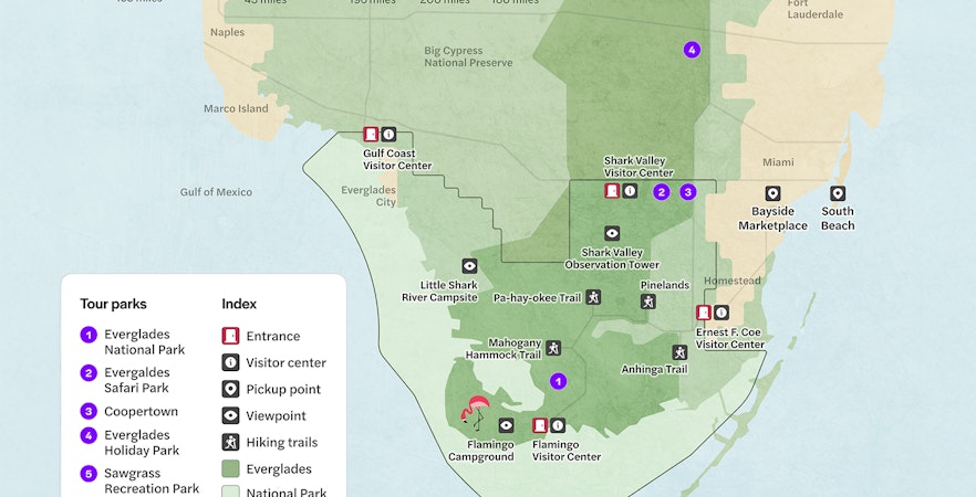 Map of Everglades National Park showing visitor centers, trails, and nearby attractions.
