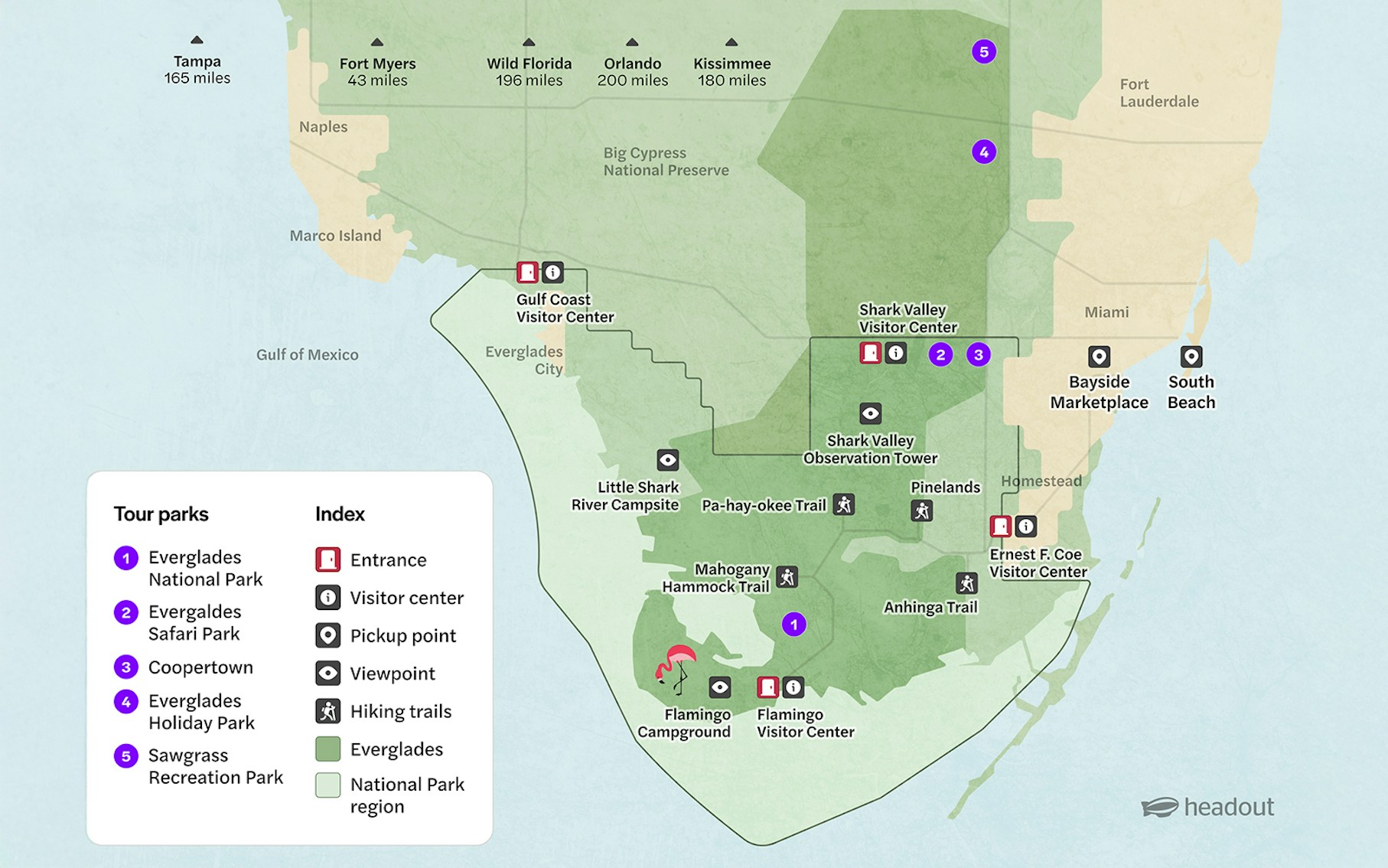 Map of Everglades National Park showing visitor centers, trails, and nearby attractions.