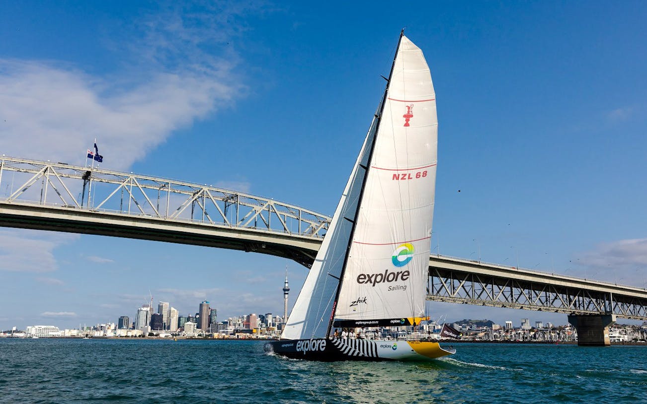 Sailing yacht on Auckland's Waitemata Harbour near the Harbour Bridge.