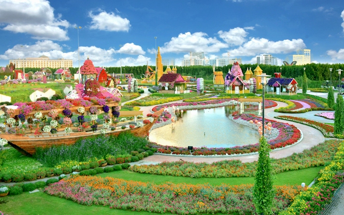 Dubai Miracle Garden with vibrant floral displays and colorful pathways, featuring skip-the-line access.